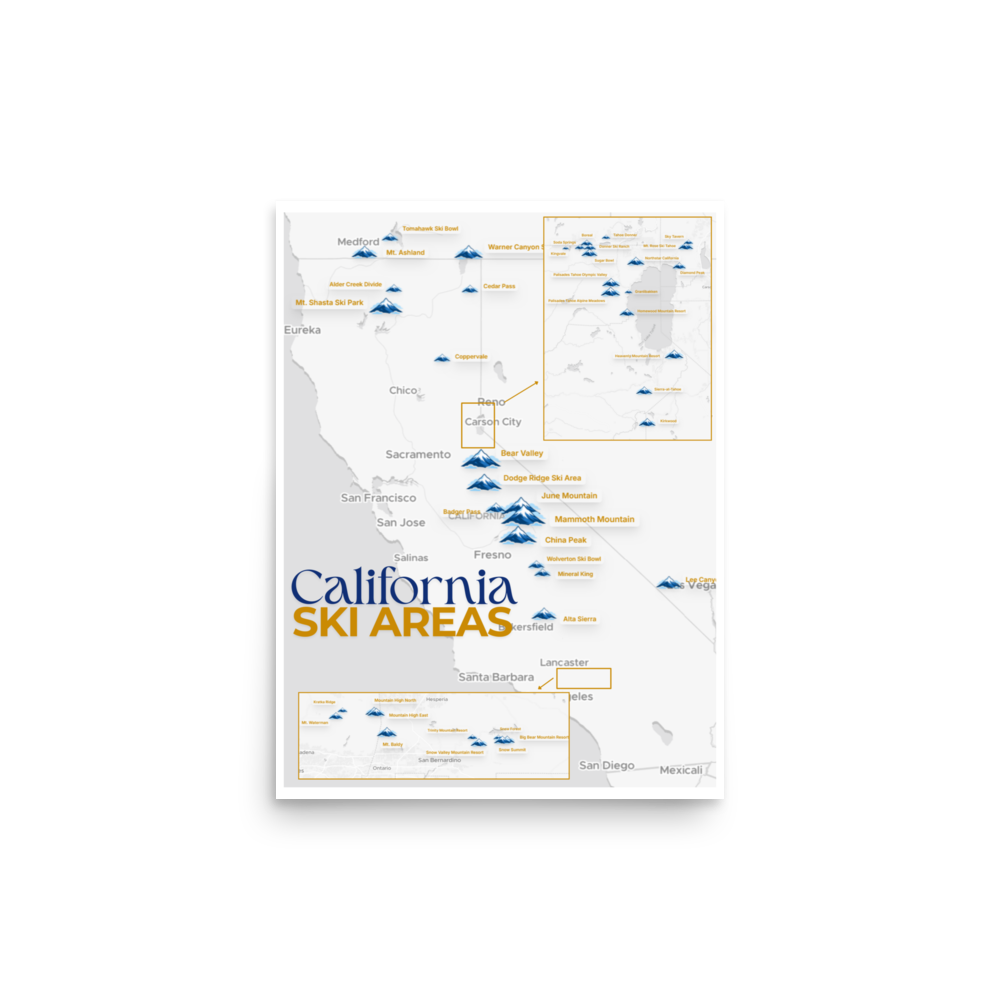 California Ski Areas Map Poster - Map Posters - An artistic map showcasing all the ski resorts across California. Enhanced matte paper poster with a premium finish.