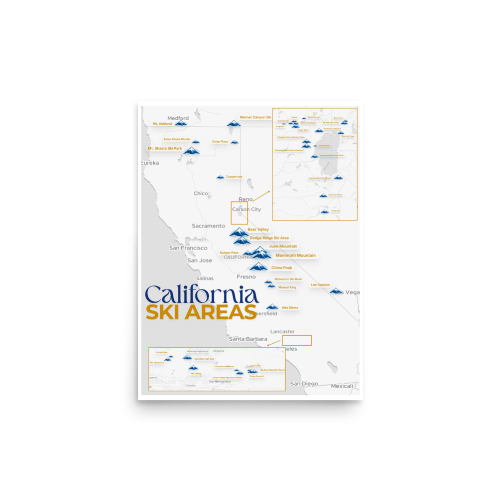 California Ski Areas Map Poster - Map Posters - An artistic map showcasing all the ski resorts across California. Enhanced matte paper poster with a premium finish.