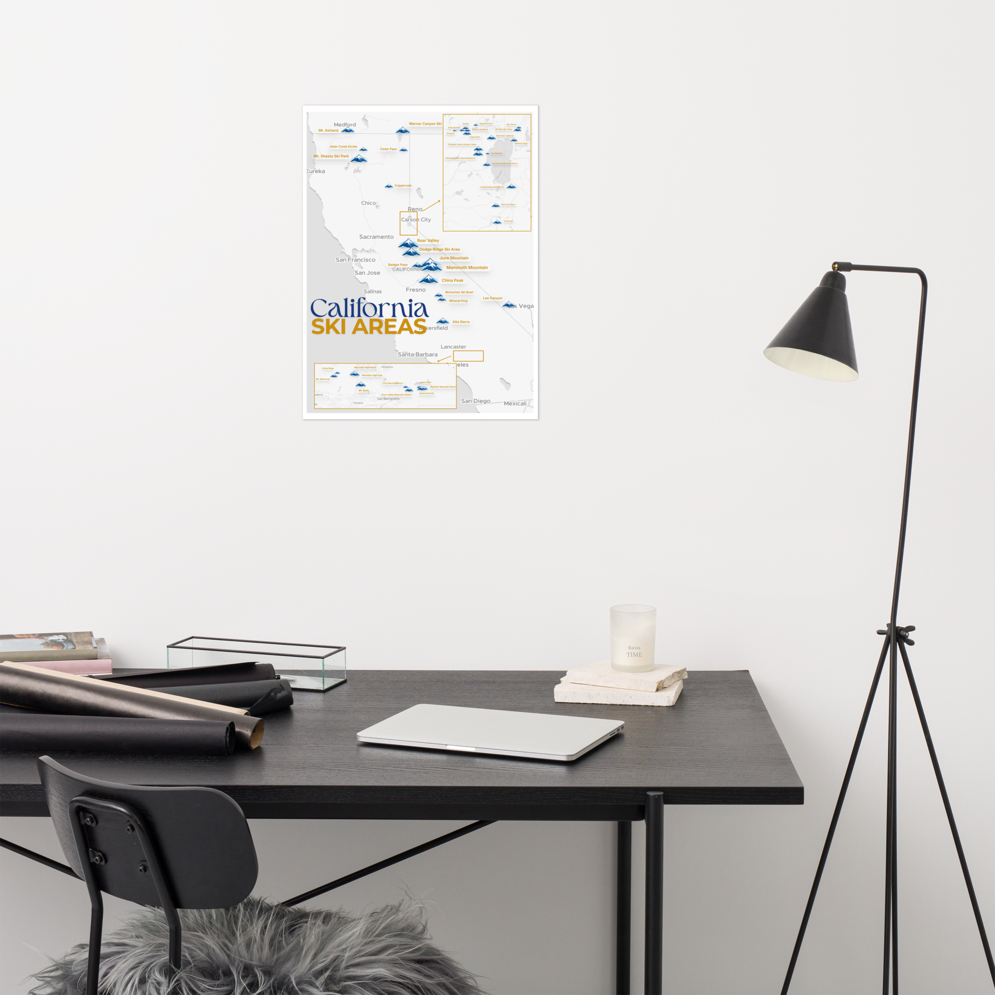 California Ski Areas Map Poster - desk display view thumbnail