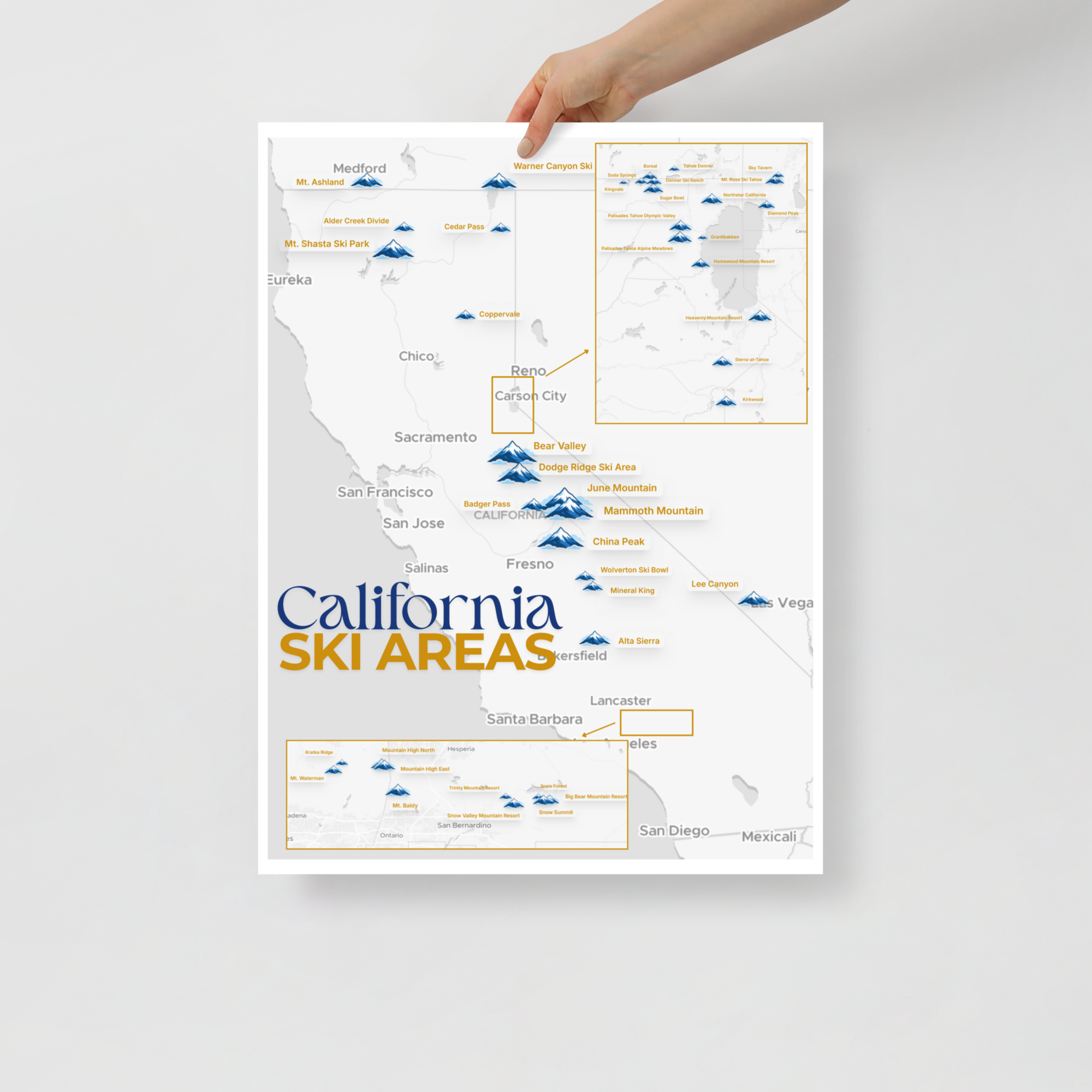 California Ski Areas Map Poster - hand-held view