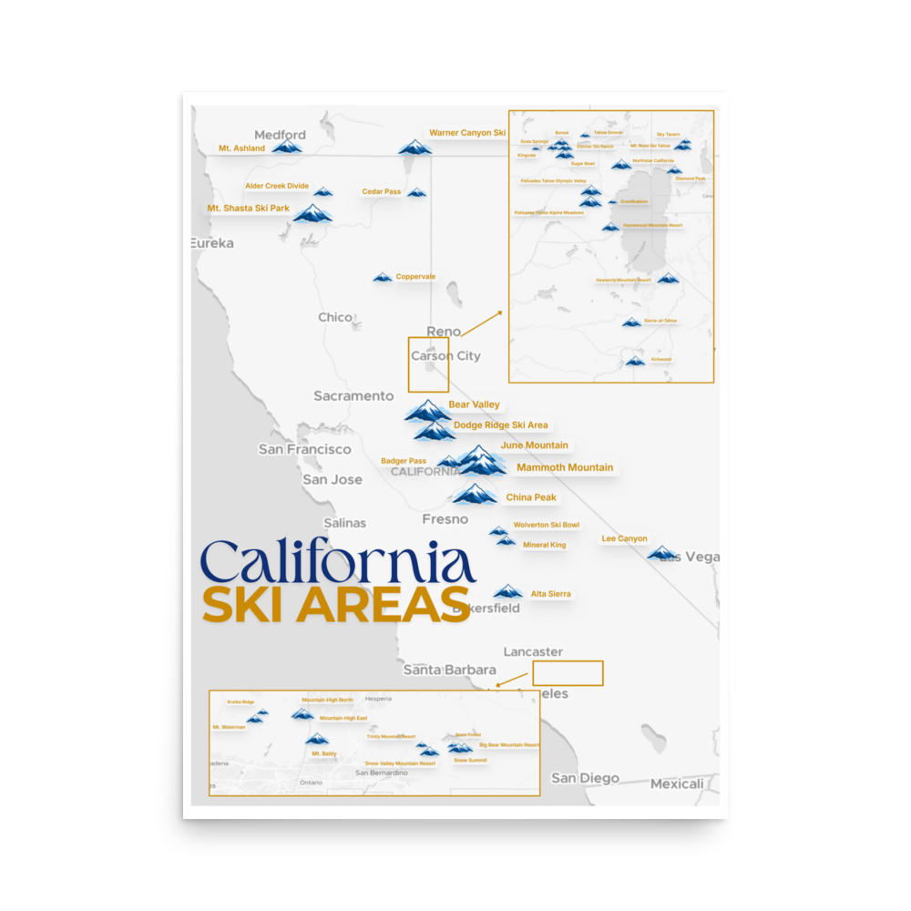 California Ski Areas Map Poster - front view thumbnail