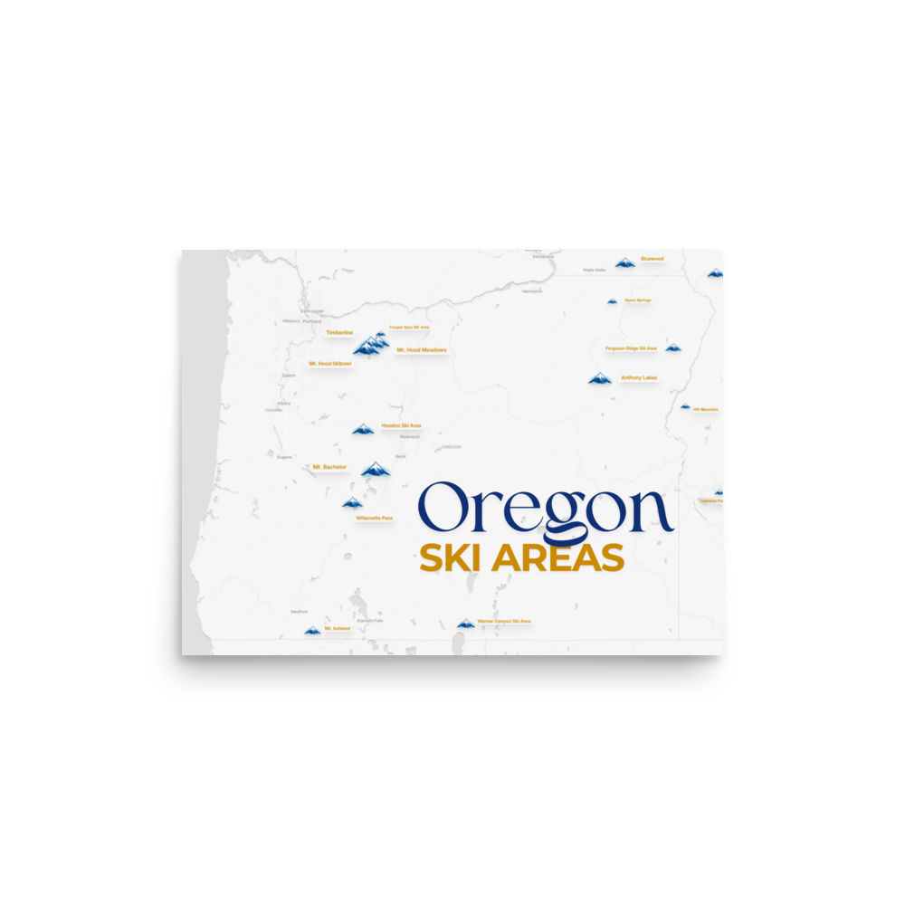 Oregon Ski Areas Map Poster - Map Posters - An artistic map showcasing all the ski resorts across Oregon. Enhanced matte paper poster with a premium finish.