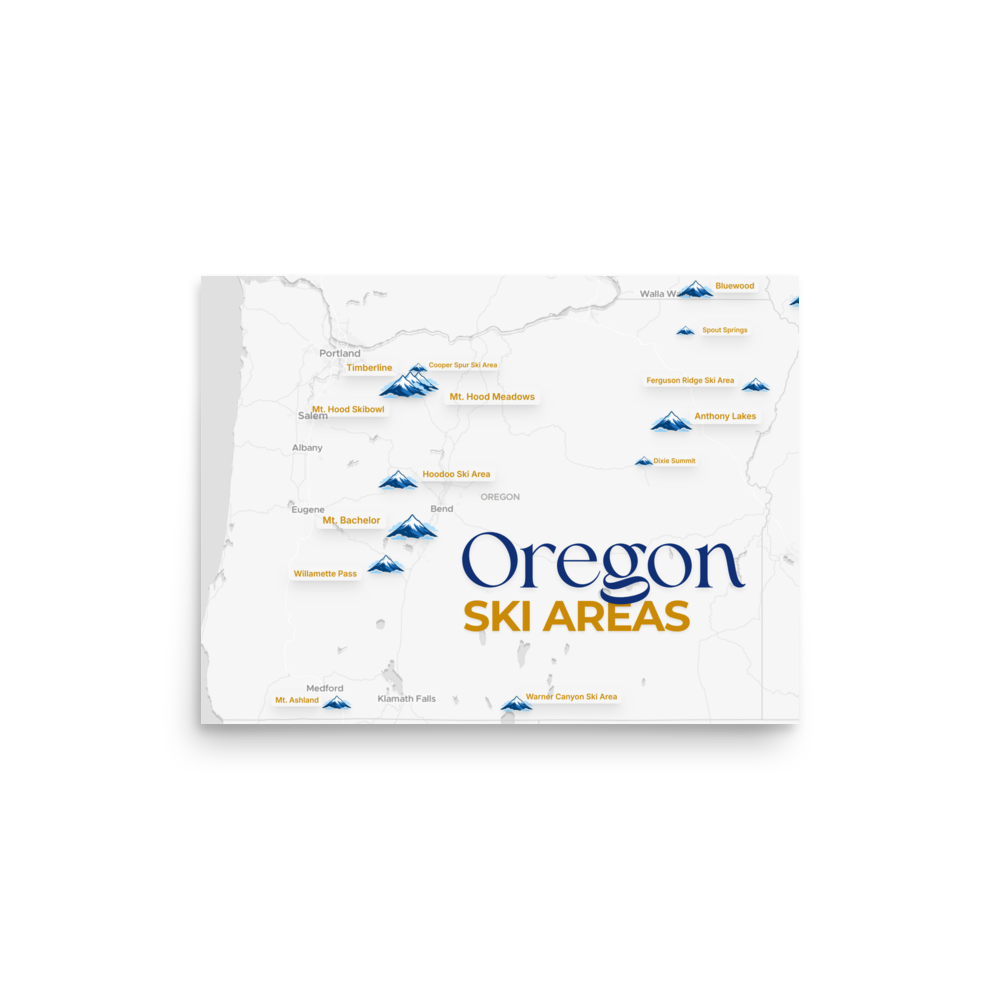 Oregon Ski Areas Map Poster - Map Posters - An artistic map showcasing all the ski resorts across Oregon. Enhanced matte paper poster with a premium finish.