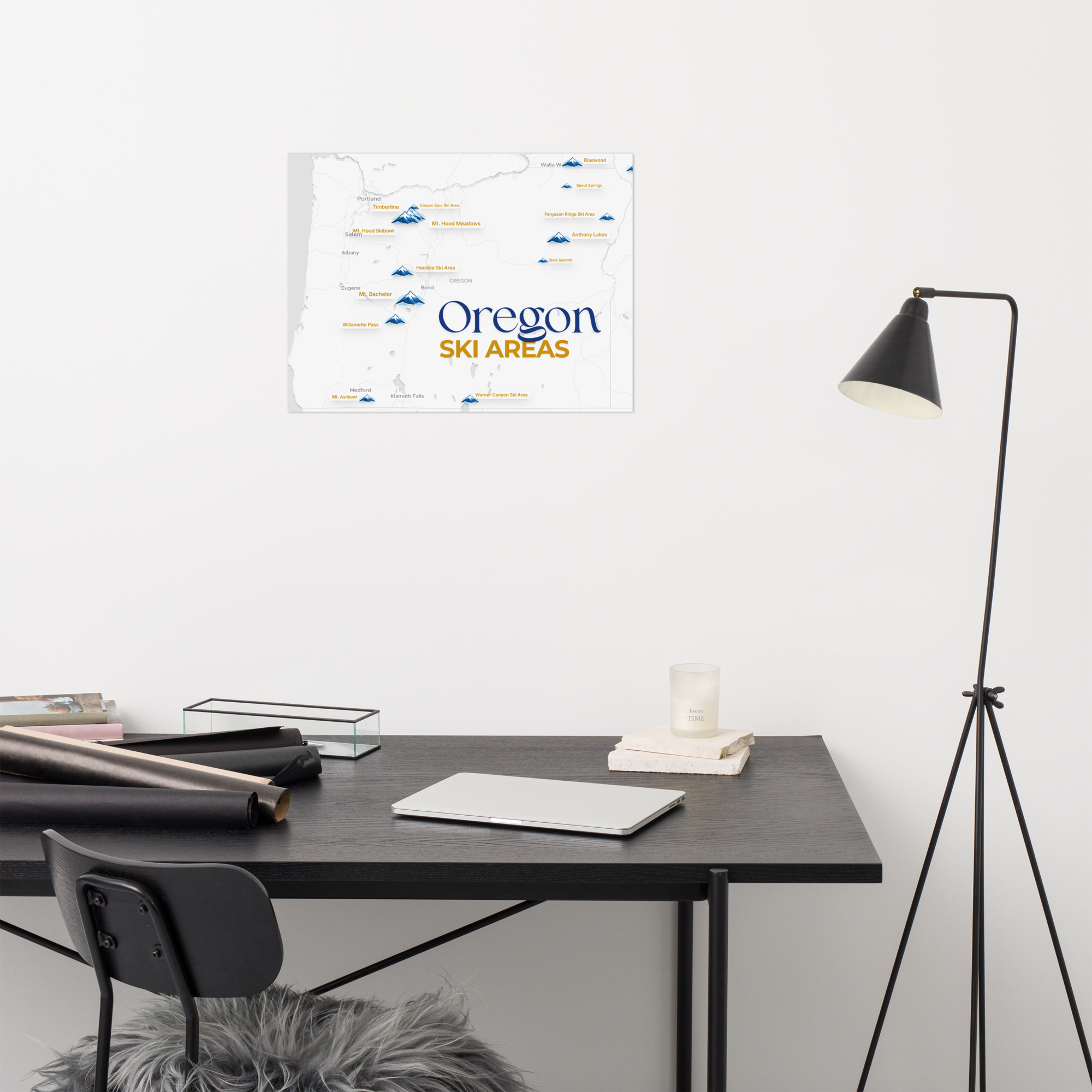 Oregon Ski Areas Map Poster - desk display view thumbnail