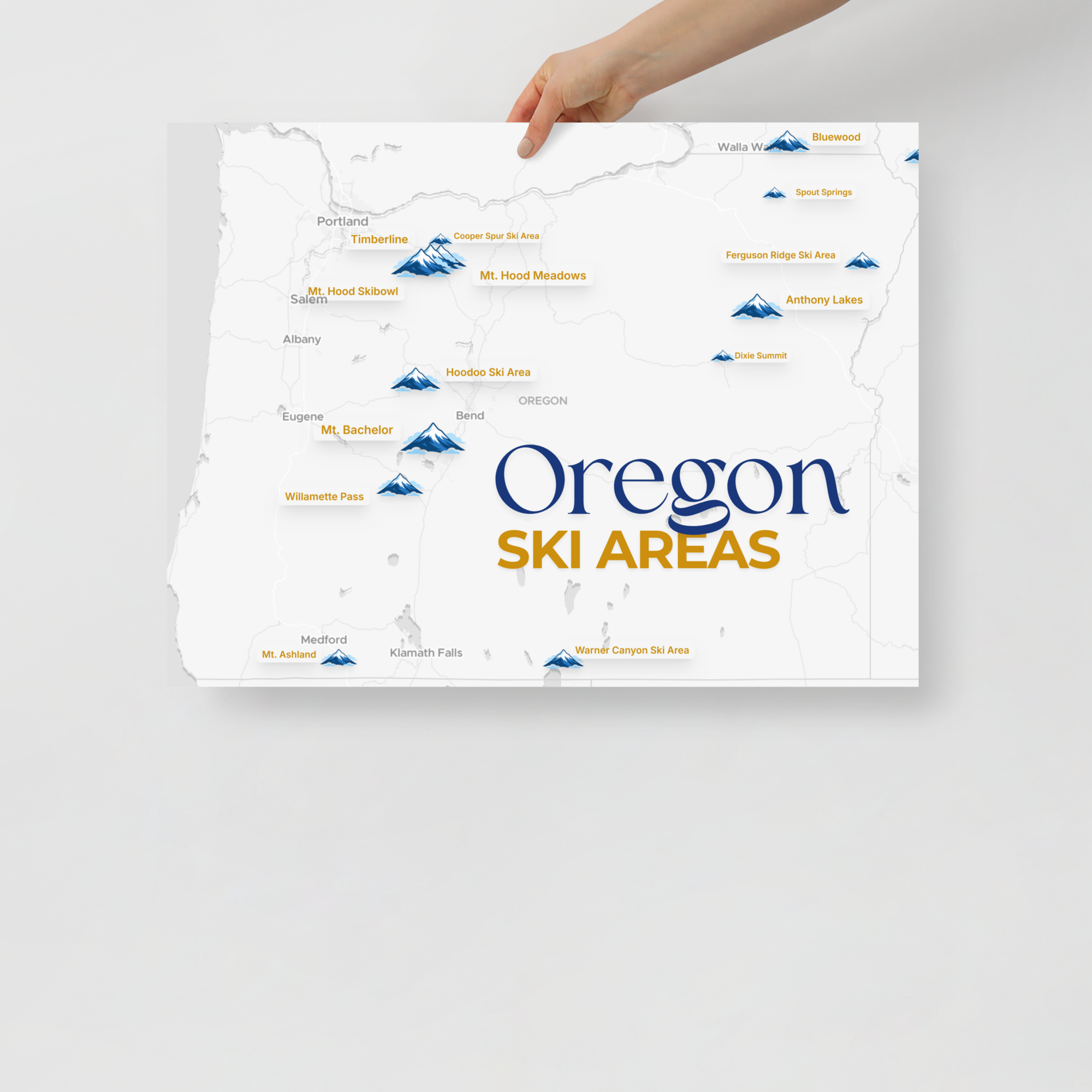 Oregon Ski Areas Map Poster - hand-held view