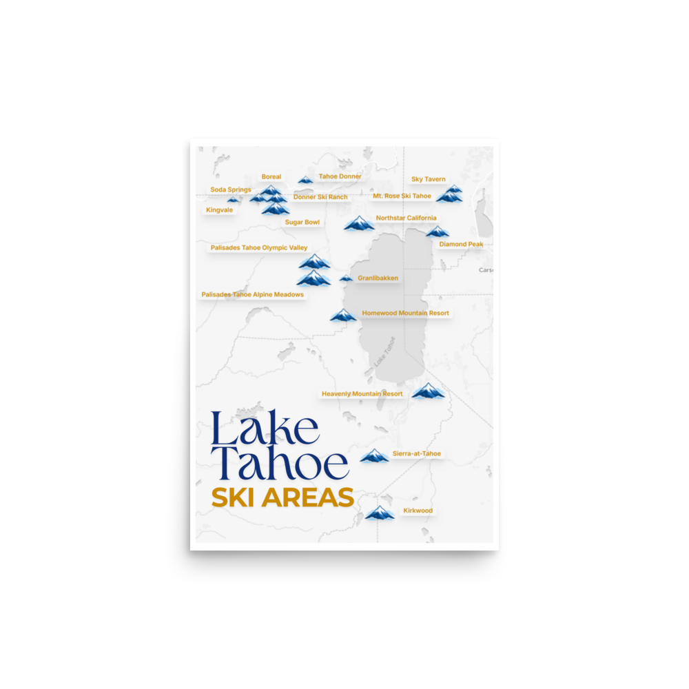 Lake Tahoe Ski Areas Map Poster - Map Posters - A tasteful map featuring all the ski areas around Lake Tahoe. Enhanced matte paper poster with a premium finish.