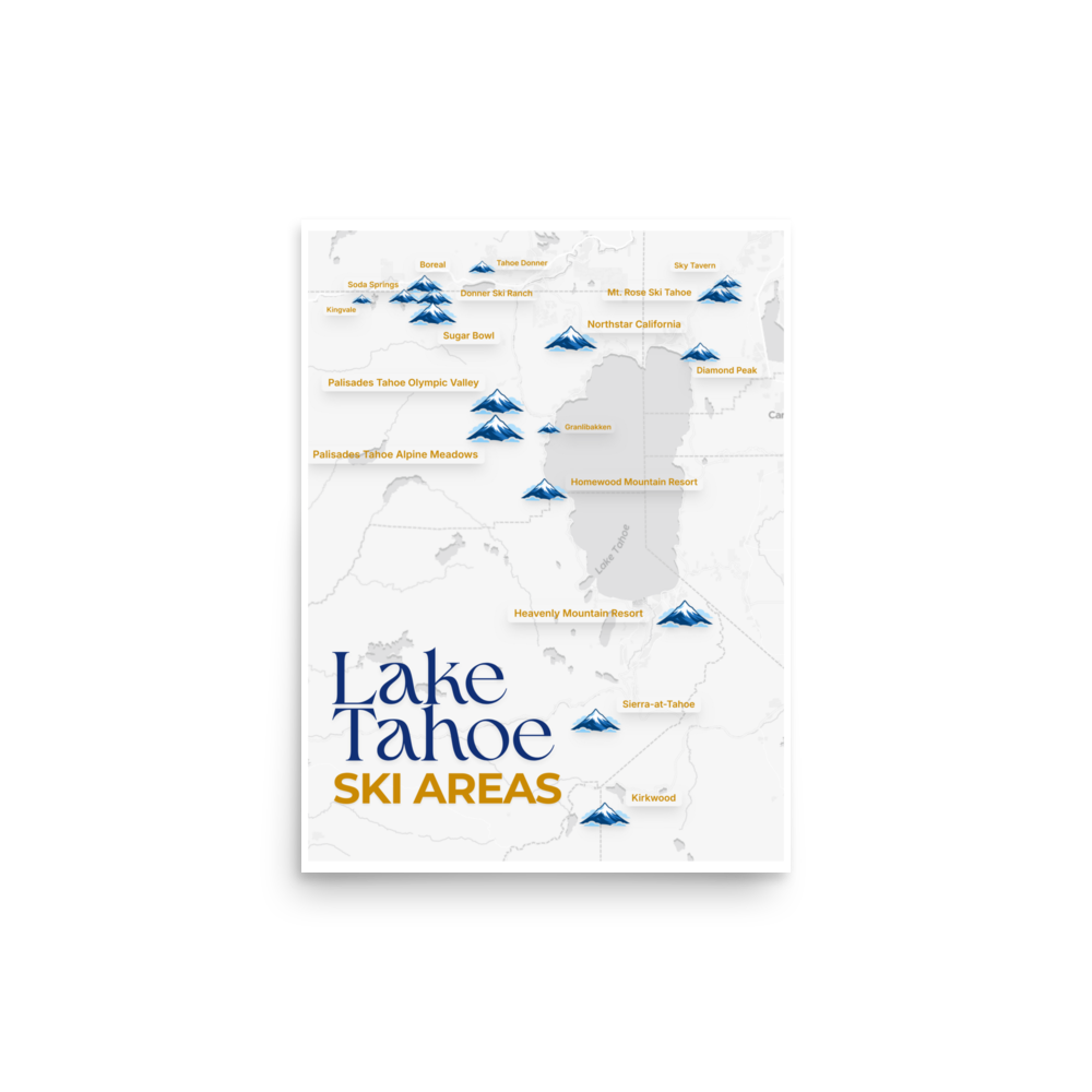 Lake Tahoe Ski Areas Map Poster - Map Posters - A tasteful map featuring all the ski areas around Lake Tahoe. Enhanced matte paper poster with a premium finish.