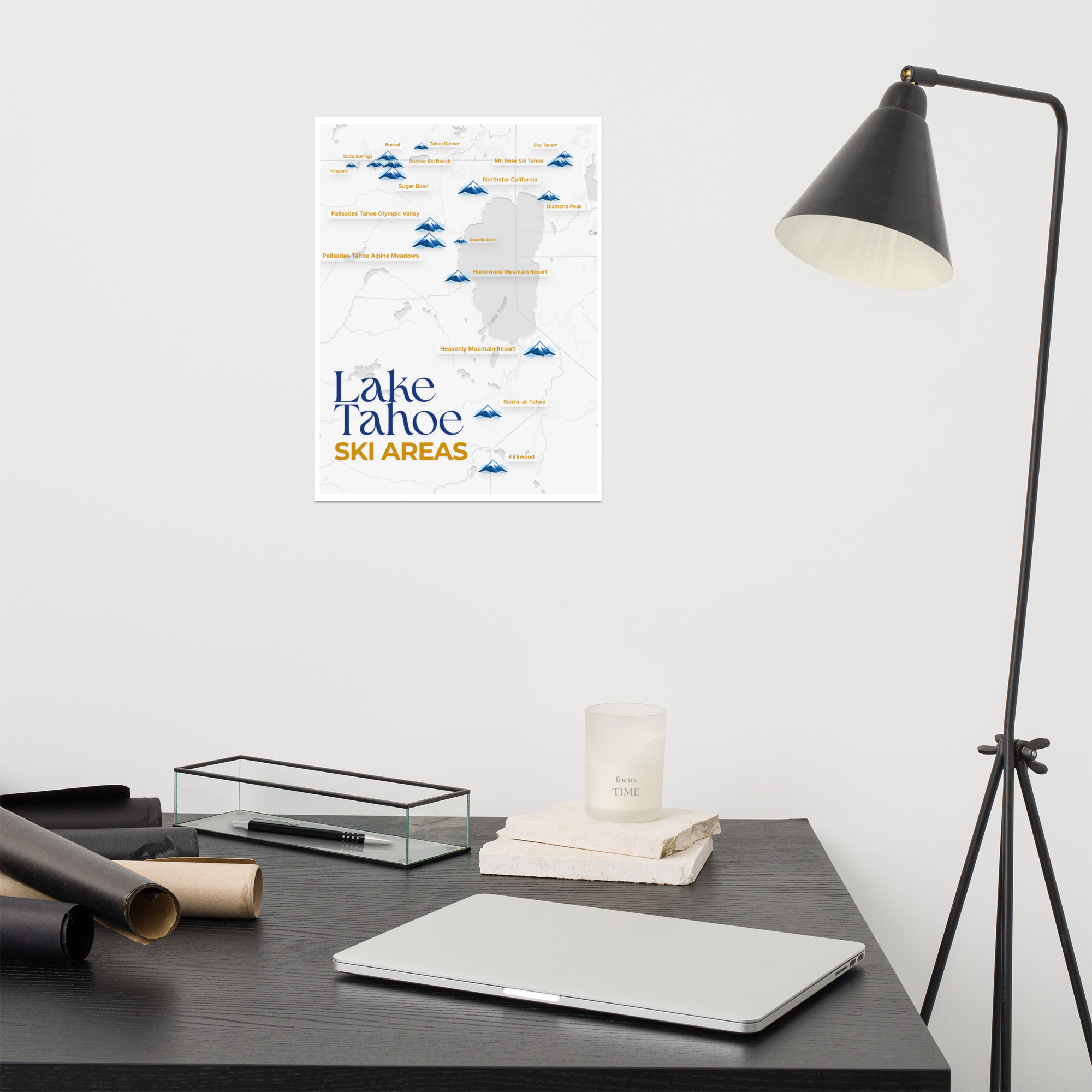 Lake Tahoe Ski Areas Map Poster - desk display view thumbnail