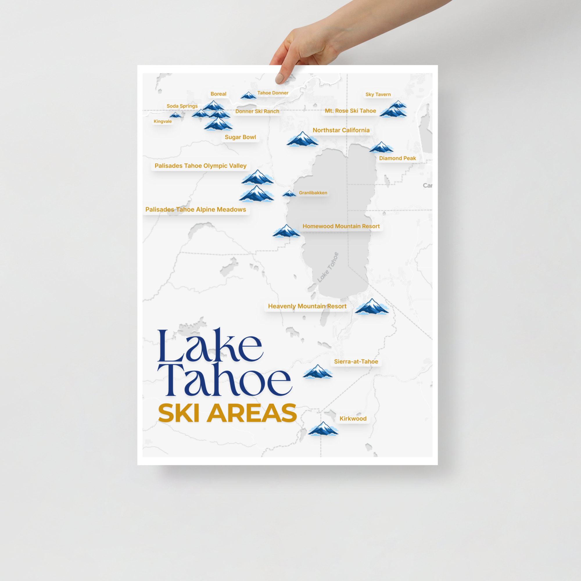 Lake Tahoe Ski Areas Map Poster - hand-held view