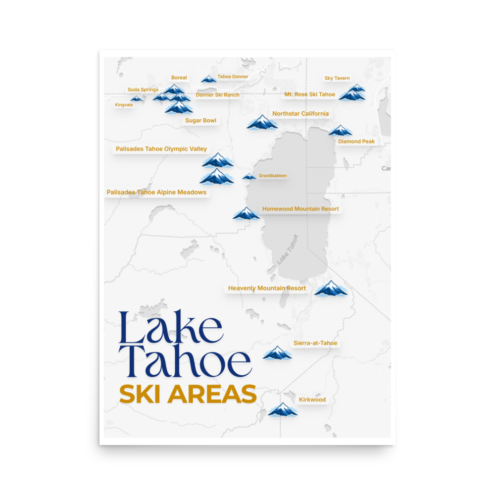 Lake Tahoe Ski Areas Map Poster - front view thumbnail
