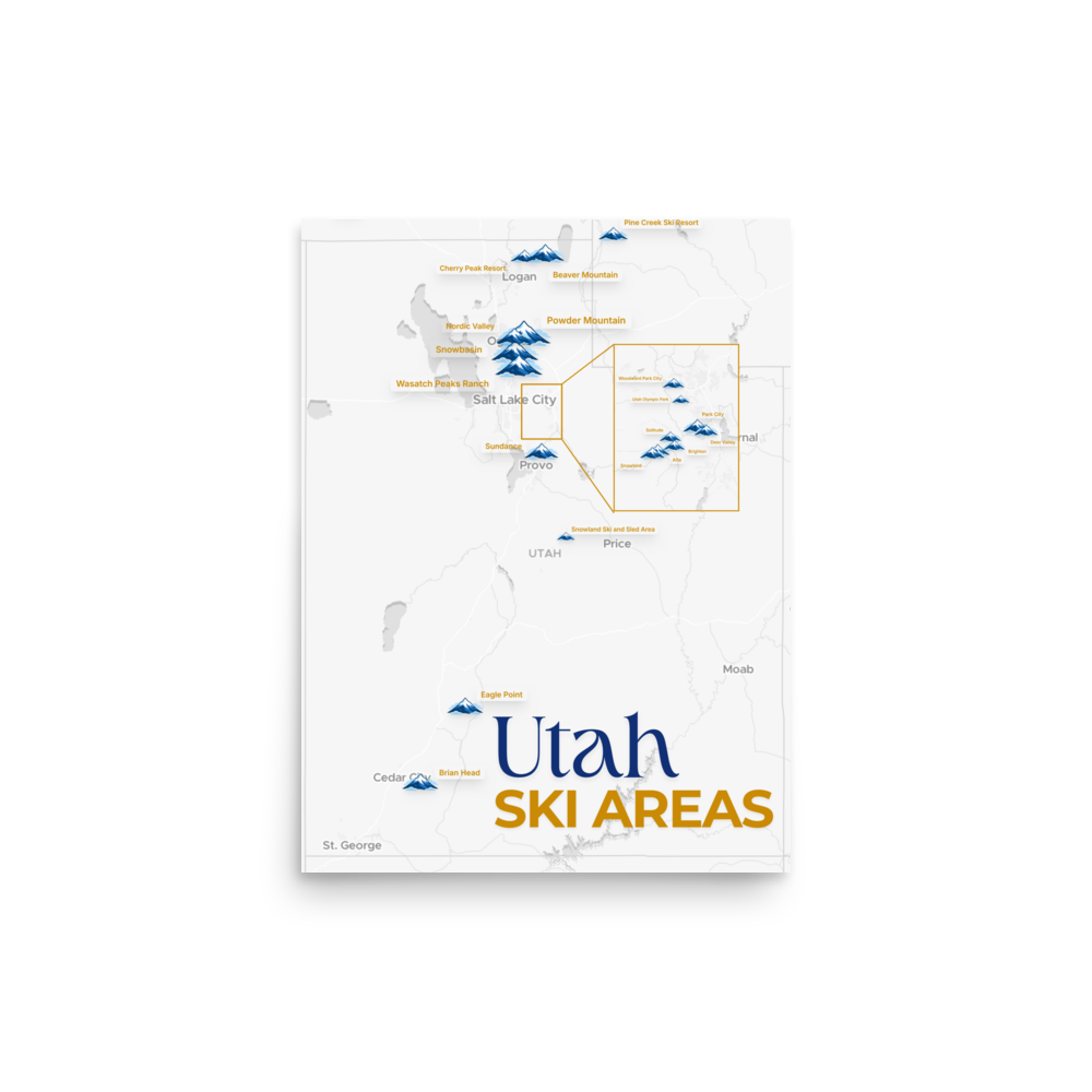 Utah Ski Areas Map Poster - Map Posters - An artistic map showcasing all the ski resorts across Utah. Enhanced matte paper poster with a premium finish.