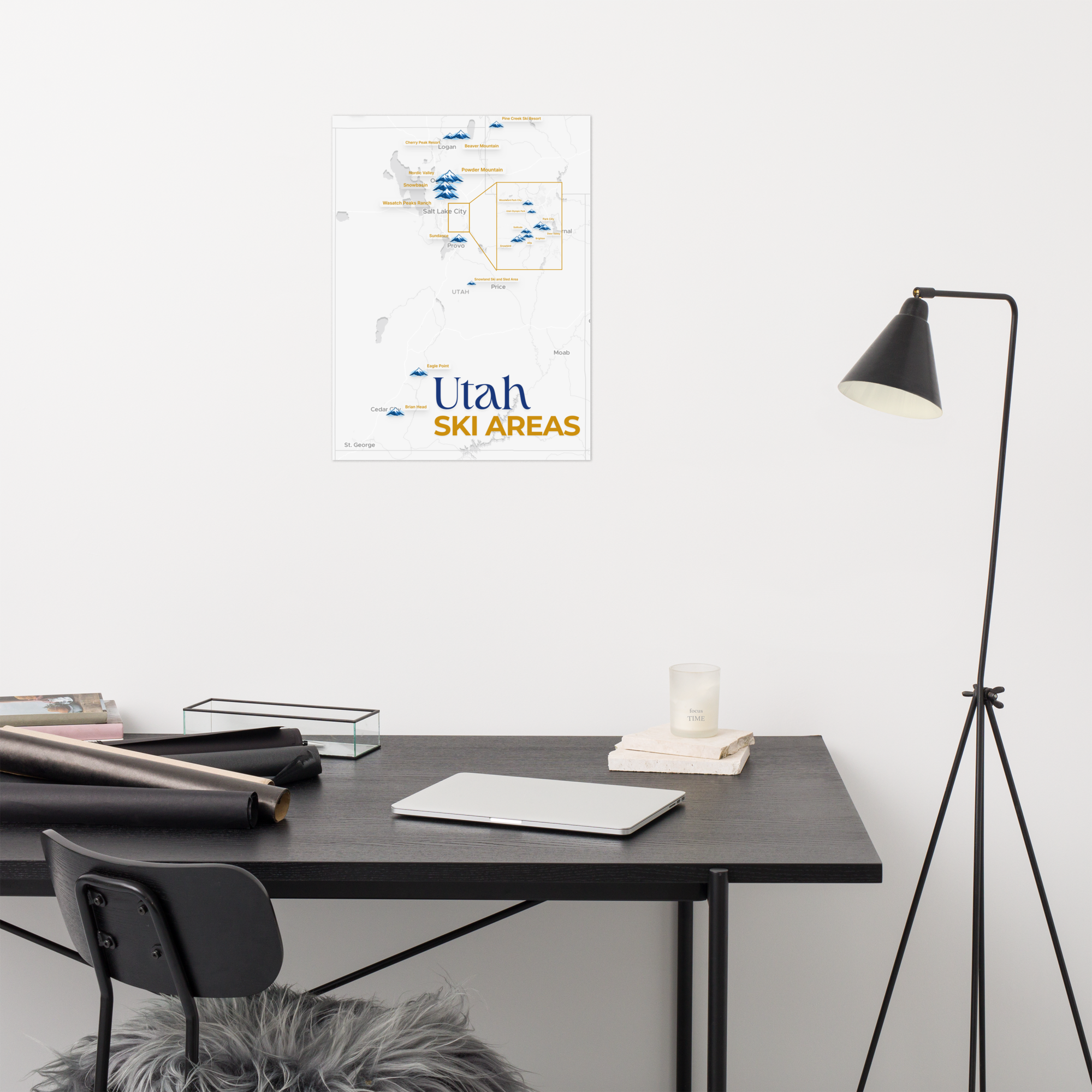 Utah Ski Areas Map Poster - desk display view thumbnail