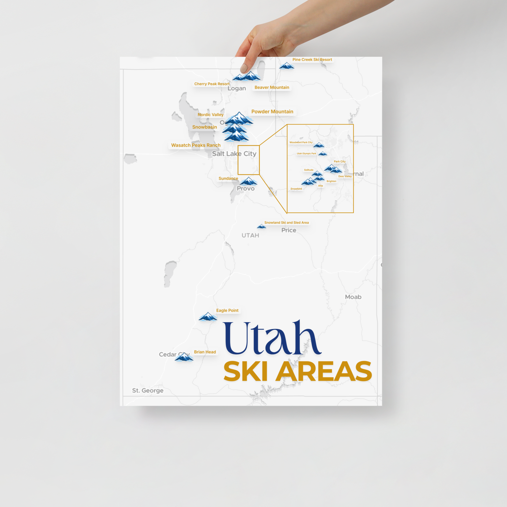 Utah Ski Areas Map Poster - hand-held view