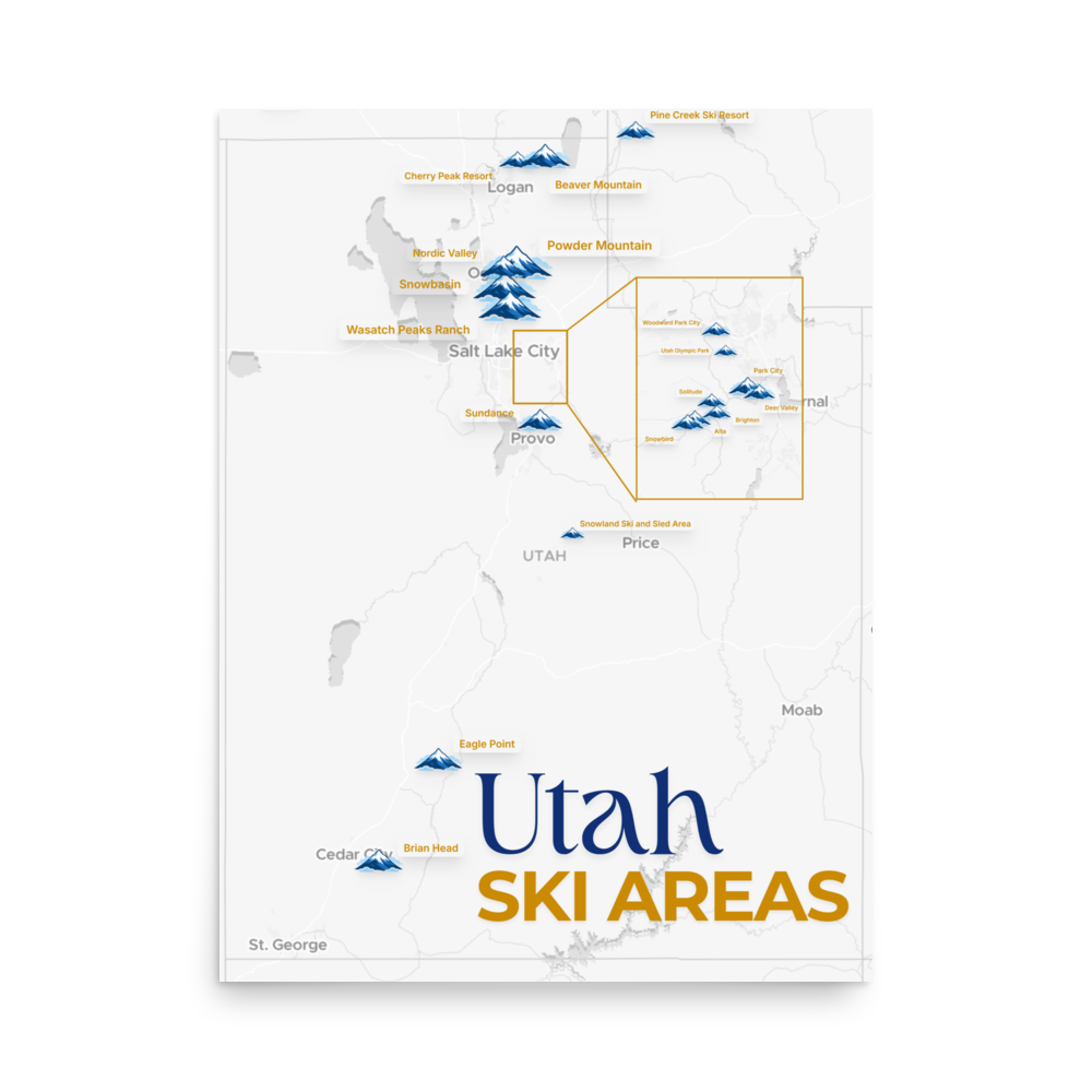 Utah Ski Areas Map Poster - front view thumbnail