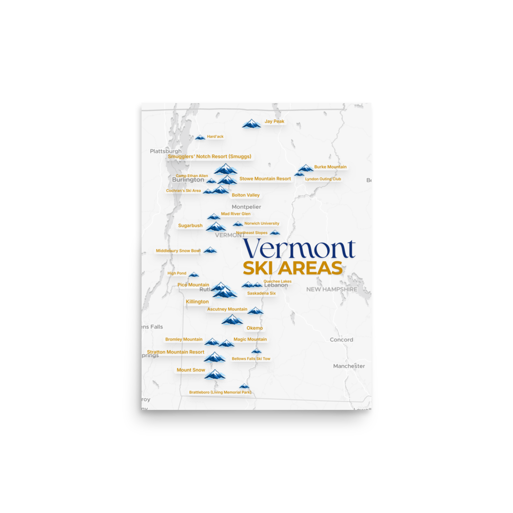 Vermont Ski Areas Map Poster - Map Posters - An artistic map showcasing all the ski resorts across Vermont. Enhanced matte paper poster with a premium finish.