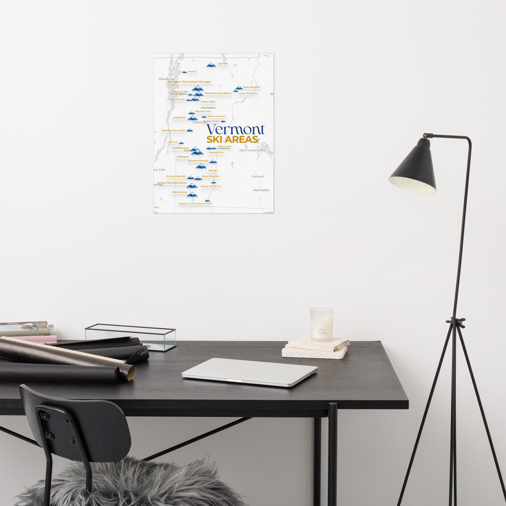 Vermont Ski Areas Map Poster - desk display view thumbnail