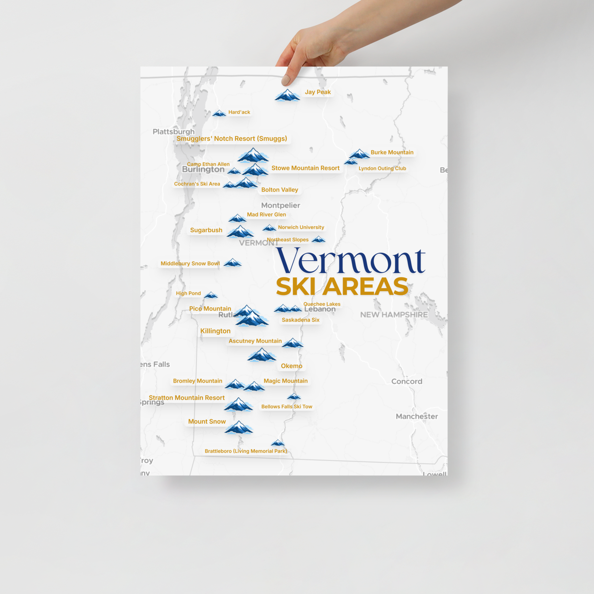 Vermont Ski Areas Map Poster - hand-held view