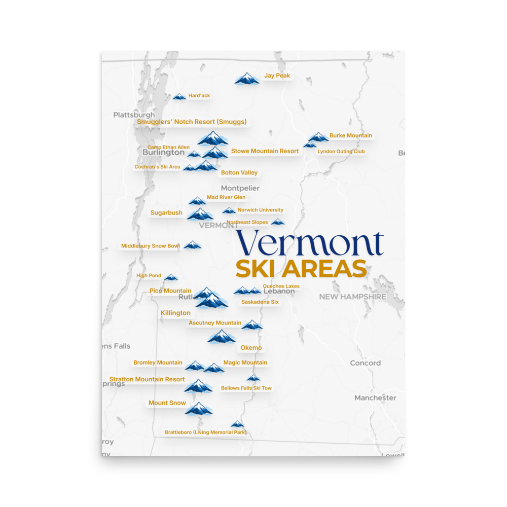 Vermont Ski Areas Map Poster - front view thumbnail