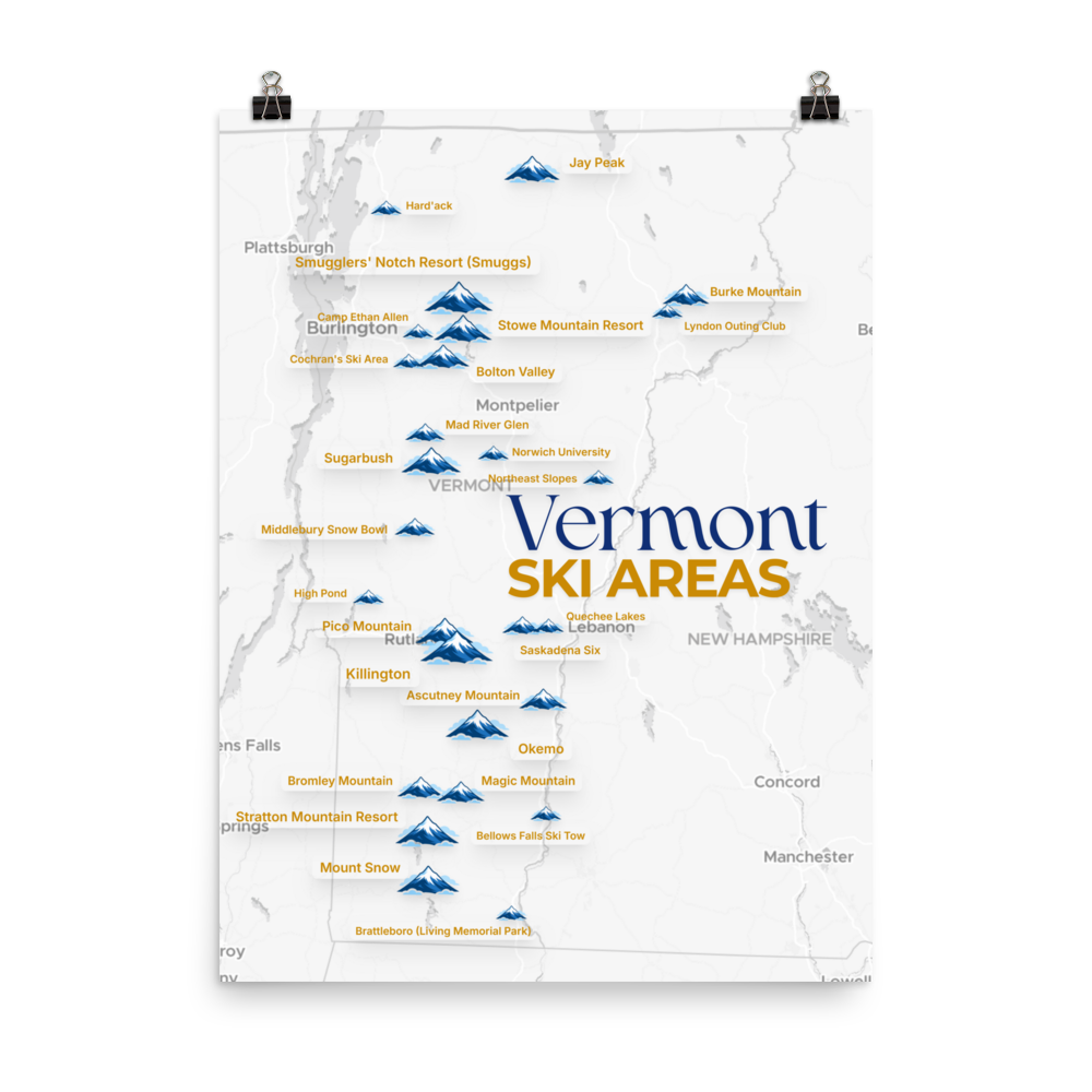 Vermont Ski Areas Map Poster - product on transparent background thumbnail