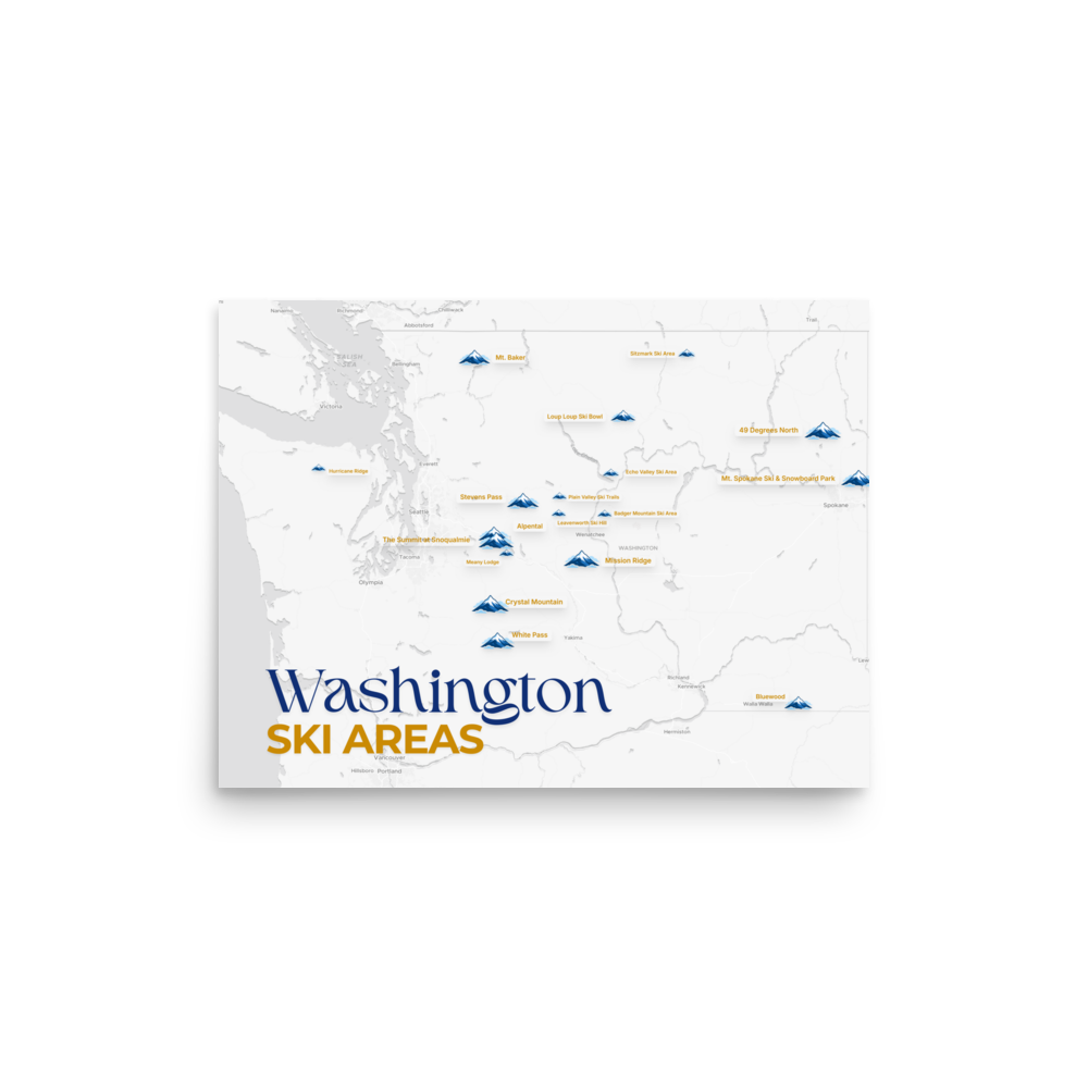 Washington Ski Areas Map Poster - Map Posters - An artistic map showcasing all the ski resorts across Washington. Enhanced matte paper poster with a premium finish.