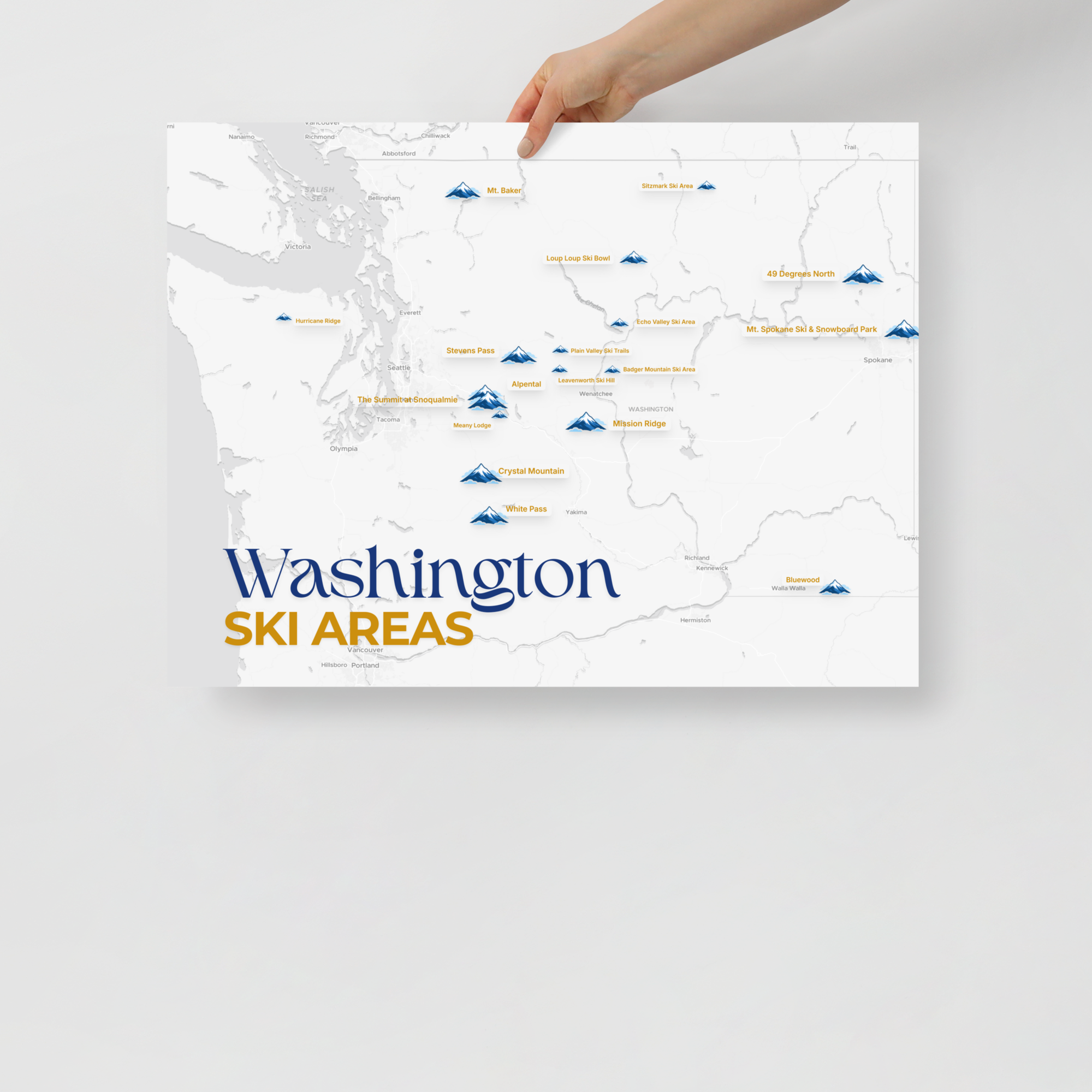 Washington Ski Areas Map Poster - hand-held view