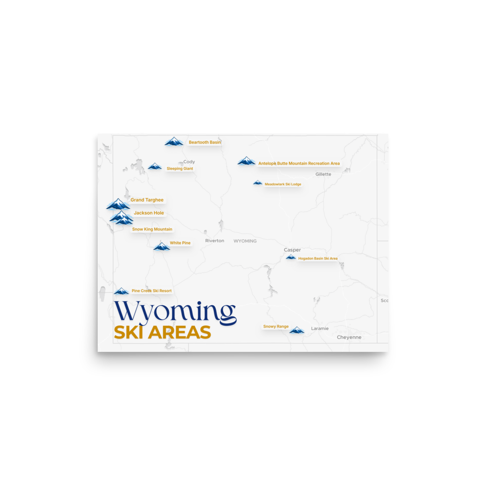 Wyoming Ski Areas Map Poster - Map Posters - An artistic map showcasing all the ski resorts across Wyoming. Enhanced matte paper poster with a premium finish.