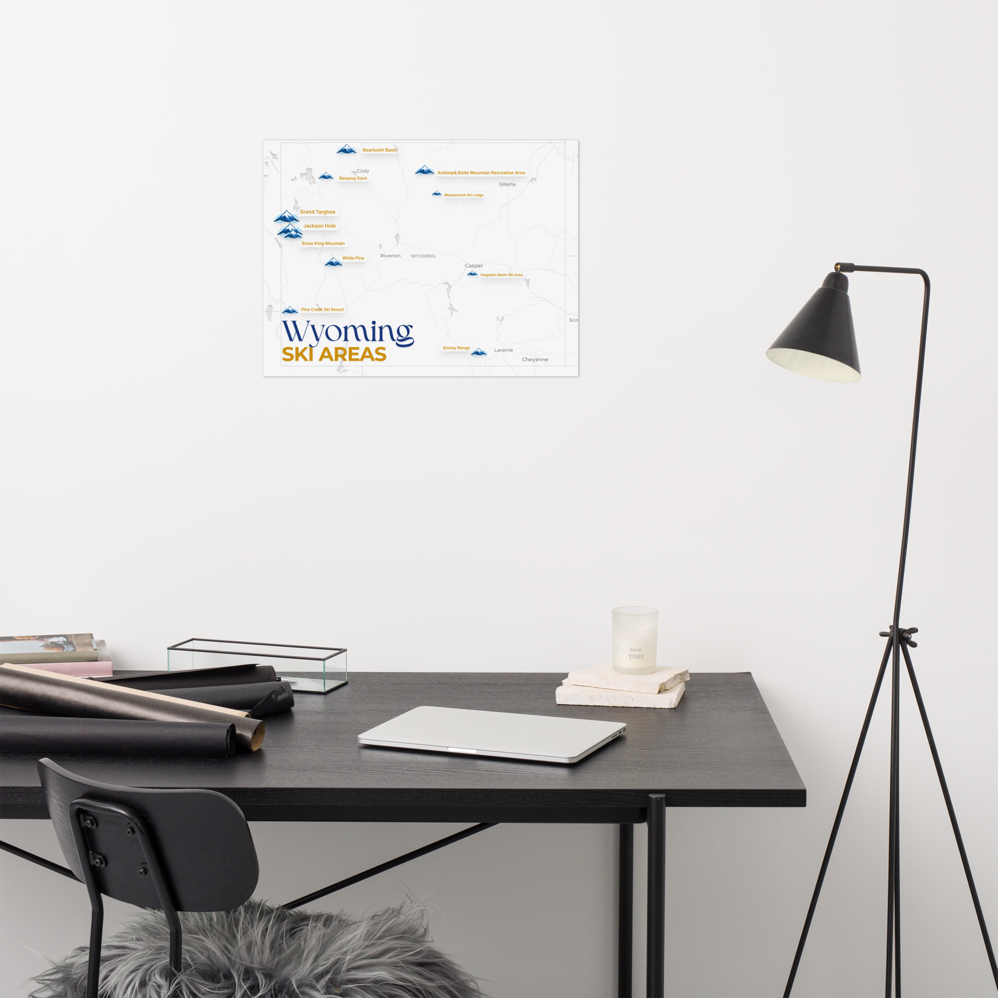 Wyoming Ski Areas Map Poster - desk display view thumbnail