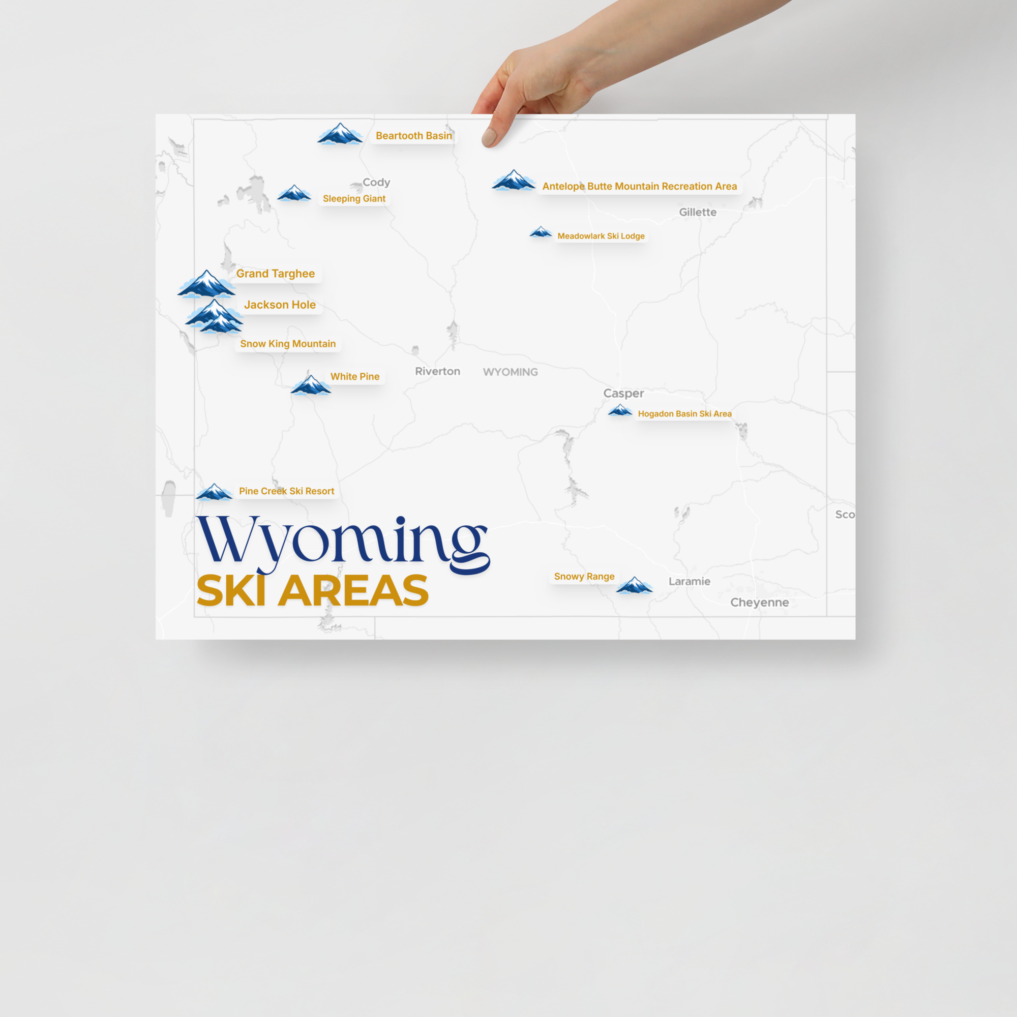 Wyoming Ski Areas Map Poster - hand-held view